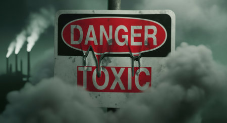 Danger toxic sign in front of factory chimneys emitting smoke. Industrial pollution. Environmental disaster concept for global warming.の素材