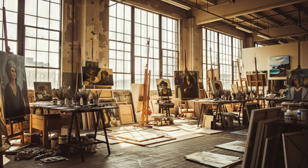 Large art studio with paintings on easels and tables, depicting creative space and artistic process.の素材