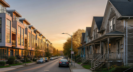 Street in urban neighborhood showing old and new residential buildings at sunset. Gentrification in modern city infrastructure development area.の素材