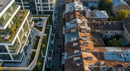 Aerial view of a city street showing modern buildings juxtaposed with older architecture, symbolizing gentrification.の素材
