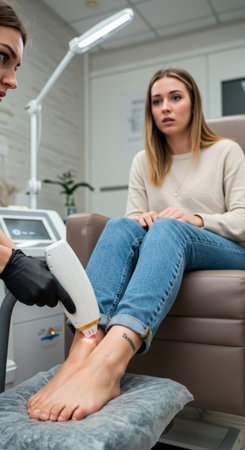 Woman undergoing tattoo removal procedure on her leg in a beauty salon. Laser treatment for unwanted body art. Cosmetology clinic service.の素材