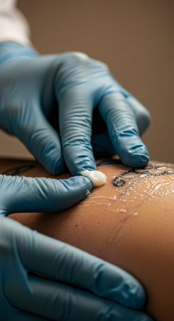 Woman's hand in blue glove applying cream on tattoo during removal procedure. Laser tattoo removal session. Medical aesthetic treatment.の素材