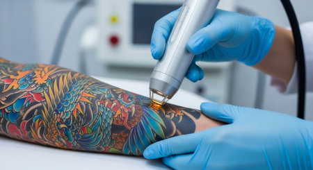 Woman getting tattoo removed from arm with laser. Tattoo removal procedure. Laser cosmetology for skin care treatment.の素材