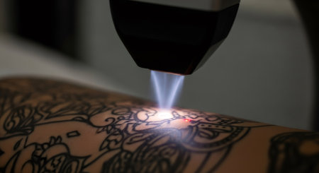Woman undergoing laser tattoo removal procedure on her arm. Modern aesthetic treatment for unwanted body art. Skincare and dermatology service.の素材