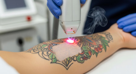 Professional woman doctor removing colorful arm tattoo with modern laser. Cosmetic procedure for skin and beauty. Medical technology and health care treatment.の素材