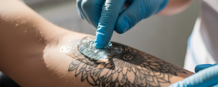 Woman's arm with tattoo covered in clear gel before laser tattoo removal procedure. Cosmetic treatment.の素材