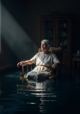 An elderly woman sits in a chair in a room filled with water, sunlight creating a beam through the darkness. Symbolizes loneliness, mental health issues, and being overwhelmed.の素材