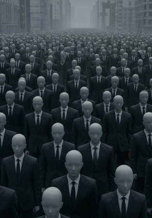 Large crowd of identical male mannequins in suits, symbolizing conformity and individuality lost in a modern urban environment.の素材