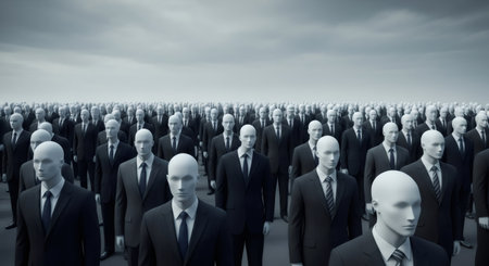 Crowd of mannequin men dressed in business suits standing with blank faces under a gray sky. Concept of conformity, anonymity, and mental health.の素材