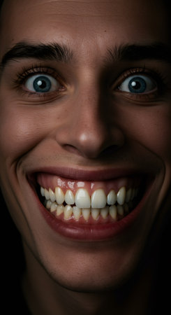 Man with wide eyes and unnatural smile expressing deep psychological distress. Scary and unsettling close up portrait.の素材