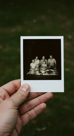 Man hand holding instant photo of family picnic. Sepia snapshot for memory remembrance. Family trauma and solitude concept.の素材