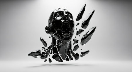 Broken glass head screaming in agony. Conceptual image of mental illness and emotional distress for therapy.の素材