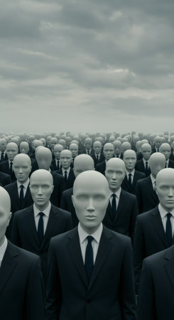 Crowd of identical male mannequins representing conformity and anonymity. Concept of loneliness in a faceless society, mental health illness.の素材