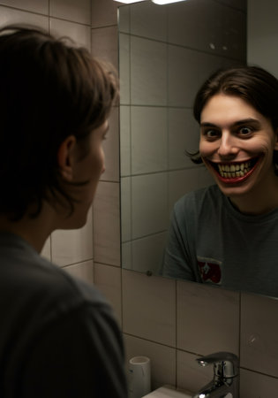 Man looking in mirror sees reflection with creepy grin, concept of psychological problems, schizophrenia, and loneliness illustration.の素材