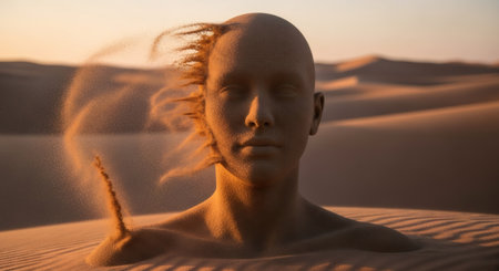Male figure made of sand in desert. Concept of mental health, losing identity and loneliness. A struggle for inner peace.の素材