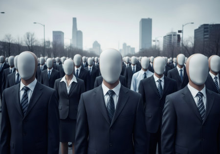 A crowd of identical figures with blank faces representing psychological illness and loneliness. Concept of depersonalization and autism.の素材
