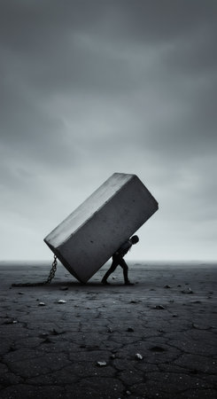 A person struggles to carry a huge concrete block chained at the end. Concept of difficult burden and psychological suffering. Mental health.の素材