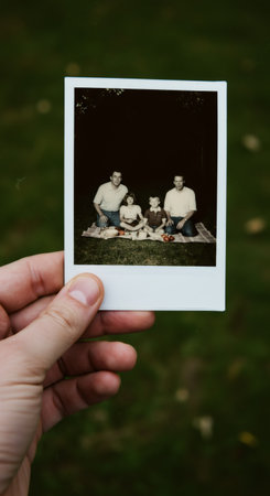 Hand holds an old vintage instant photo of a family on a picnic blanket with two men, a girl, and a boy for memory concept.の素材
