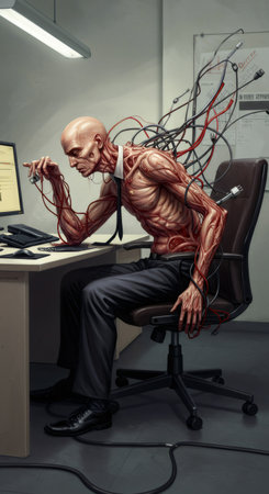 Bald man with exposed muscles and wires attached works at a computer, symbolizing digital addiction and psychological distress.の素材
