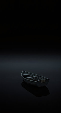 Empty boat floating on dark water. Symbol of depression, loneliness, mental health issue, autism. Psychological problem concept.の素材