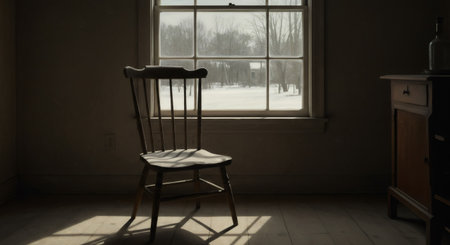 Empty wooden chair in a dark room with light from a window showing a winter landscape, representing solitude.の素材