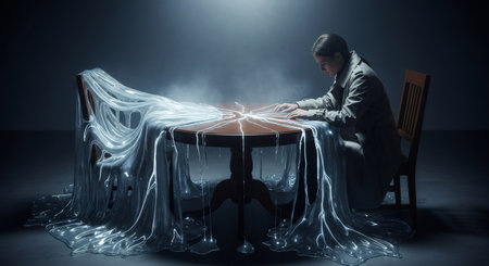 Woman sits at table covered with translucent goo looking at crack with light, symbolizing mental condition and isolation.の素材