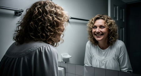 Woman looking at herself in the mirror with a joyful yet unsettling smile, concept of mental health conditions.の素材