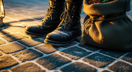Person wearing winter boots on a snowy cobblestone path with a bag of gifts and a lantern, dark academia Christmas theme.の素材