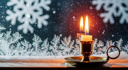 Lit candle on a brass candlestick against frosty window. Dark academy Christmas aesthetic. Winter holiday ambiance with snowflakes.の素材