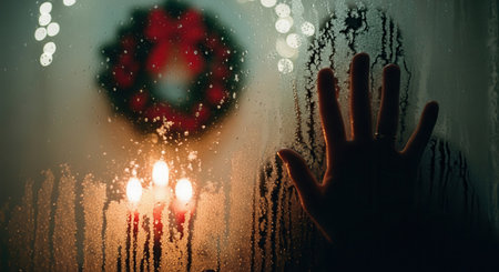 Woman hand touching condensation on window glass with Christmas wreath and candles. Dark academia holiday season concept.の素材