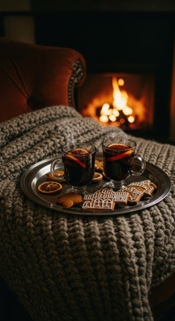 Two cups of steaming mulled wine and gingerbread cookies on a tray over a knitted blanket by a cozy fireplace, for Christmas and winter evenings.の素材