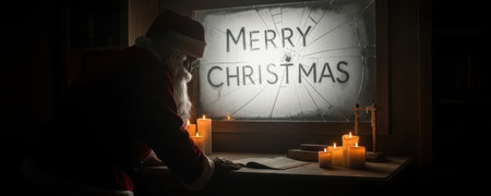 Santa Claus man reads by candlelight next to a broken window with "Merry Christmas" written on it. Dark academia Christmas concept.の素材