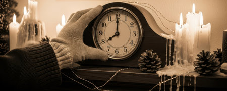Woman hand in glove adjusting a vintage clock for Christmas dark academia aesthetic. Winter holiday celebration with cozy nostalgic mood.の素材