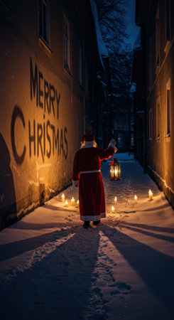 Man in santa suit holding lantern in snowy alley, Merry Christmas projected on building. Winter holiday scene for greeting card, dark academia.の素材