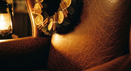 Christmas wreath with dried orange slices and cinnamon sticks on a leather armchair next to a lantern. Cozy winter holiday atmosphere.の素材