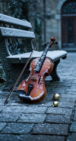 Violin and bow covered in snow next to a bench, with golden Christmas ornaments on the ground, dark academia Christmas concept.の素材