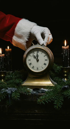 Man in Santa hat and white gloves setting antique clock at midnight, surrounded by dark pine branches and candles. Christmas eve concept for holiday countdown.の素材