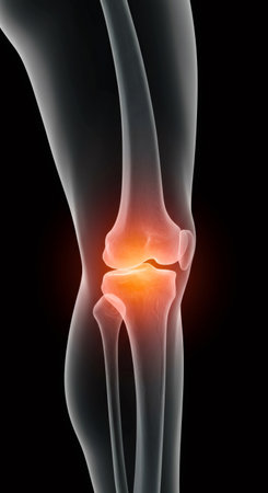 X-ray showing knee pain. Medical scan of joint inflammation. Human anatomy bone disease concept visualization for healthcare education.の素材