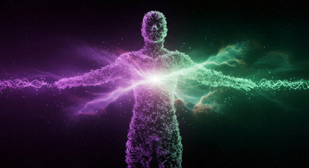 Abstract human body in outer space with energy flow. Meditation, spiritual enlightenment and zen concept. Modern digital art illustration.の素材