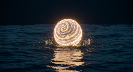Glowing spiral sphere emerging from dark water. Concept of meditation, nirvana, and universe. Visualization background for yoga training.の素材