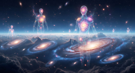 Human aura with spiral galaxy and star field. Spiritual enlightenment and cosmic being concept. Meditation and visualization for well being.の素材