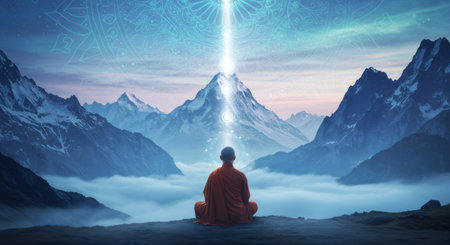 Man in orange robe meditating with shining light over mountain. Spirituality and enlightenment for meditation and mindfulness.の素材