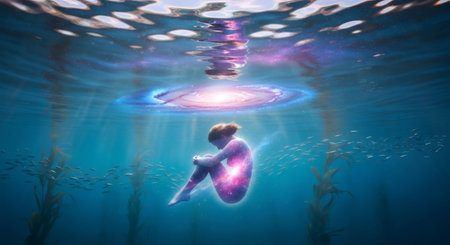 Woman with galaxy skin meditating underwater. Concept of spiritual awakening and inner universe. Calm and peaceful visualization for yoga.の素材