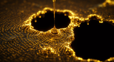 Golden mantra symbols flowing like liquid. Meditation and relaxation concept. Sacred text for spiritual practice, yoga background.の素材