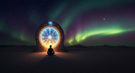 Man meditating in front of glowing portal with ancient symbols in desert under northern lights. Zen, aura training, self-hypnosis concept.の素材
