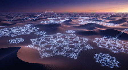 Glowing light patterns forming mandalas on desert dunes at sunset or sunrise. Spiritual visualization for meditation, relaxation, yoga.の素材