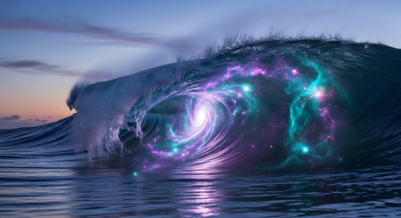 Ocean wave breaking with cosmic galaxy and nebula inside. Space and water element blending. Deep meditation and universe concept.の素材