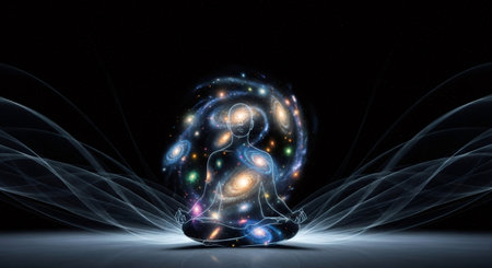 Man meditating in lotus pose with galaxy and cosmos inside. Spiritual energy and cosmic consciousness concept for meditation.の素材