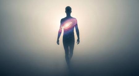 Silhouette of a man with a galaxy inside, walking into light. Spirituality and human consciousness concept for meditation and yoga.の素材