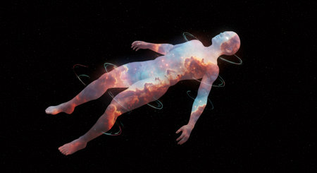 Man floating in space with galaxy body. Spiritual energy and cosmic consciousness concept. Visualization for meditation and relaxation.の素材